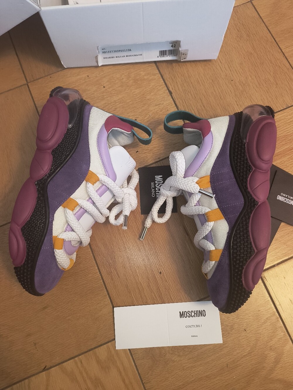 NWB Moschino 42 US 10 Sneakers Teddy Purple Suede Logo Pink Limited